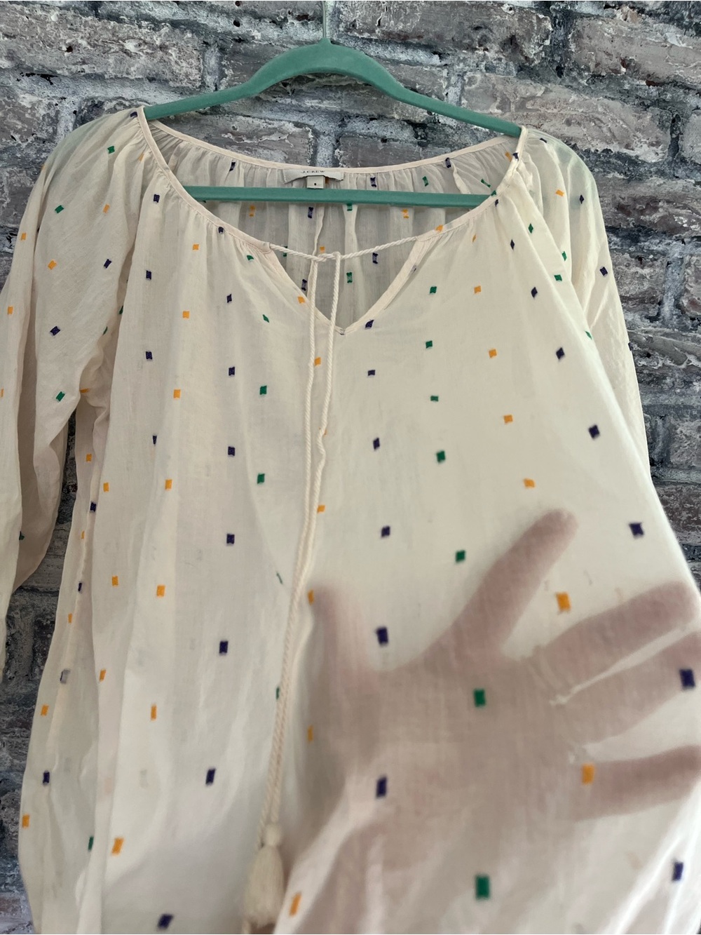 J. Crew Cream Peasant Top with tassels &Green,Navy & Yellow Embroidered Accents - Picture 6 of 9